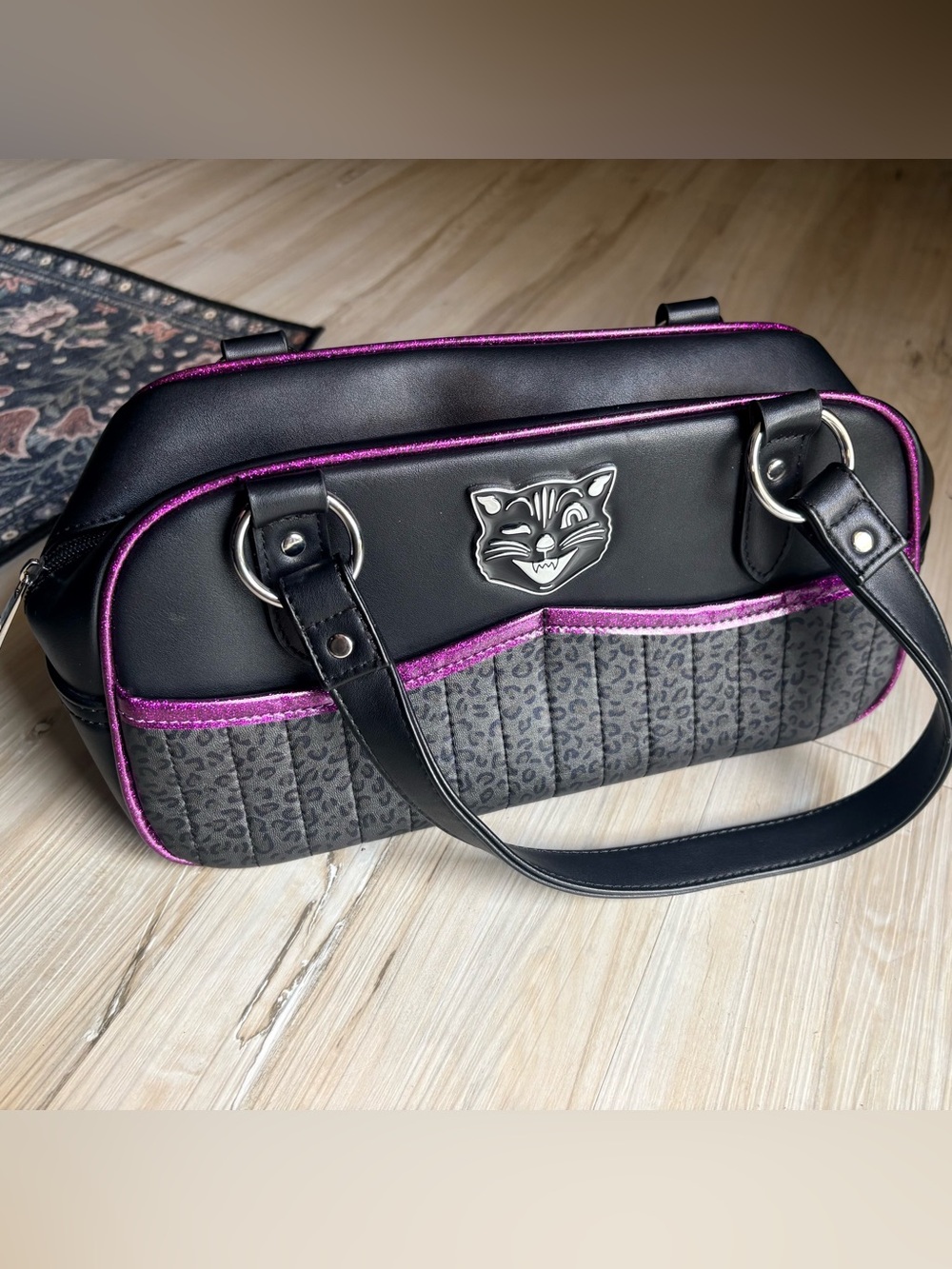 Sourpuss Black and Purple Trim Cat Accent Shoulder Bag